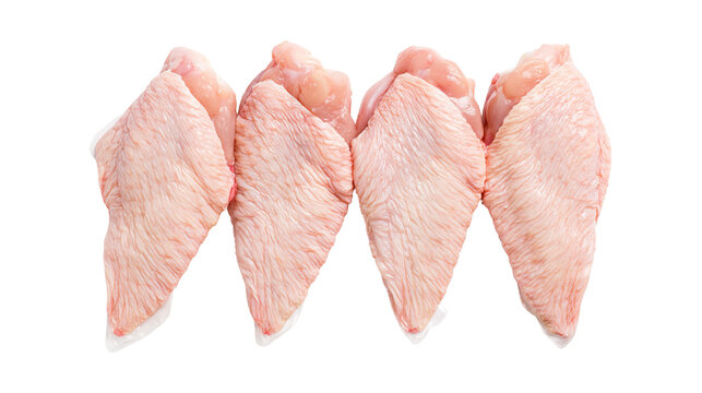 Four raw chicken wings with visible skin texture, isolated on transparent background