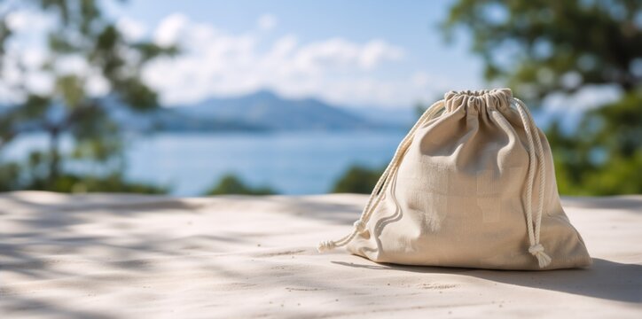 Beige drawstring bag on white sand at the beach. Fabric pouch on the shore with a mountain and ocean background. Travel and storage concept