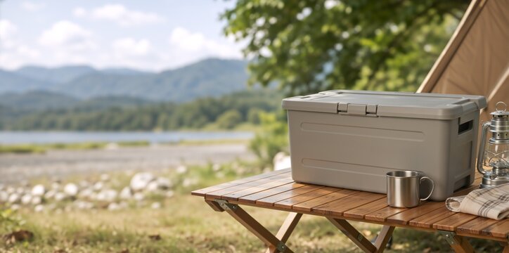 Camping gear and storage box on a wooden table outdoors. Outdoor adventure equipment at a campsite with mountain view. Glamping and organization concept