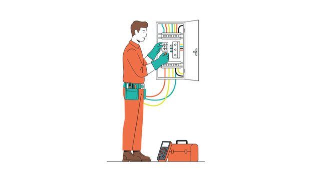 Professional electrician working on an open electrical circuit breaker panel using tools to check wires and systems for maintenance and repair.