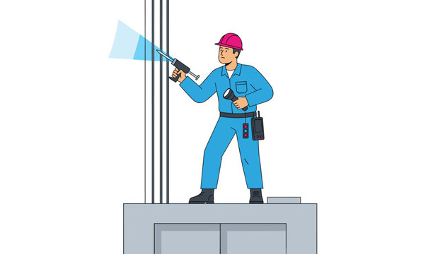 Worker wearing a hard hat and protective uniform inspecting elevator cables or mechanical systems using a tool in a professional building.