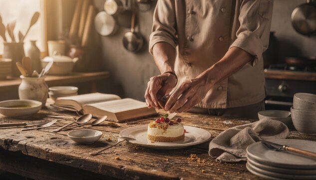 Rustic kitchen setup featuring a team member adjusting a plated dessert open cookbook on rough wooden table warm light and outoffocus kitchen tools behind.
