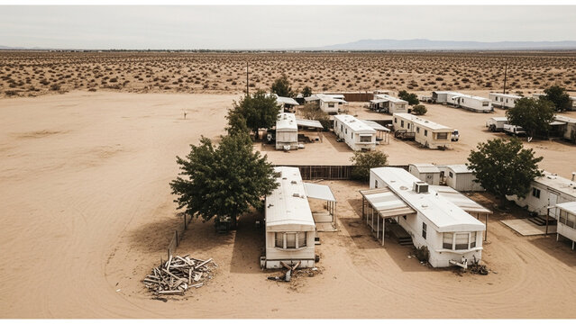 Aerial view of a rustic trailer park in a vast, arid desert landscape under a clear sky, showcasing remote living and a transient community.