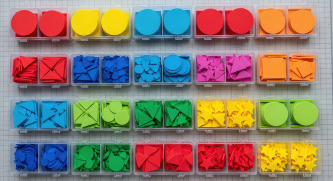 Vibrant Assortment Of Geometric Foam Shapes In Clear Storage Containers