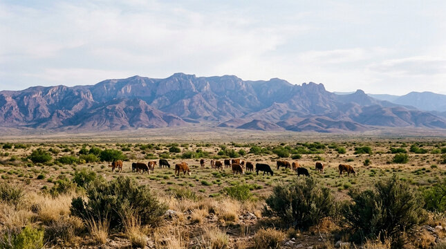 Herd of cattle grazing in a vast, arid landscape with rugged mountains in the background under a pale blue sky.