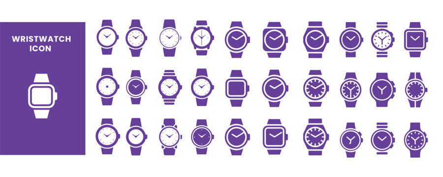 Wristwatch Icon Set Vector Clock Symbol Glyph Collection Purple Flat