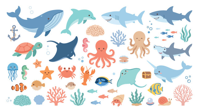 Cartoon under the sea animals set with underwater jellyfish seahorse treasure