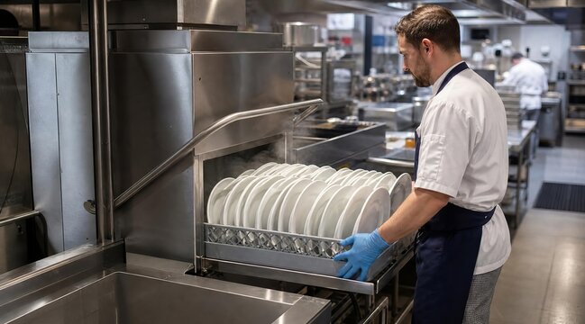 Commercial dishwasher machine in kitchen
