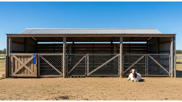 A lone goat rests in a rustic wooden and metal shelter on a dry, dusty farm on a clear day.
