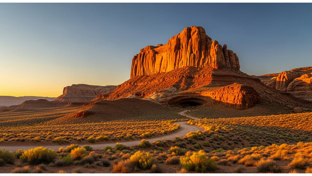 Golden sunrise illuminates iconic sandstone buttes and desert landscape in Monument Valley, Arizona, USA