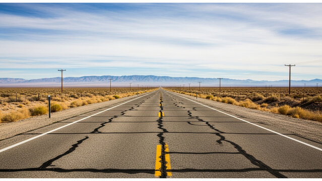 Endless Desert Highway Stretching to the Horizon Under a Vast Blue Sky with Wispy Clouds