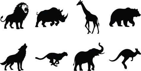Obraz premium Animal Silhouettes Set with Lion, Rhinoceros, Giraffe, Bear, Wolf, Tiger, Elephant, and Kangaroo Shapes in Black