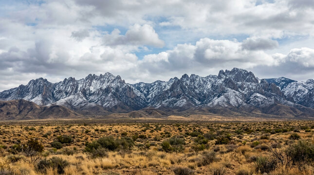 Majestic snow-capped mountain range rises above a vast, arid desert landscape under a cloudy sky, showcasing rugged natural beauty.