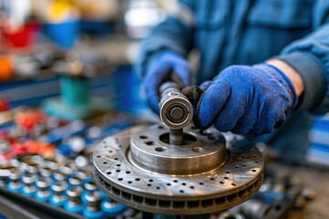 Obraz premium Gloved technician using socket wrench on car brake rotor in workshop