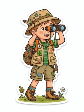 Young Explorer Boy With Binoculars Looking Through Nature