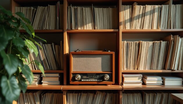 Wooden radio sits on shelf beside stack of books, surrounded by numerous vinyl records. Cozy interior evokes nostalgia for music lovers and classic audio equipment fans.