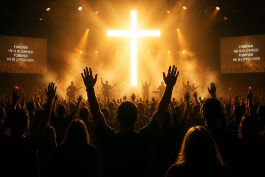 Congregation raising hands during worship service in illuminated church