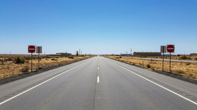 Endless asphalt road stretching to the horizon under a clear blue sky with no entry signs
