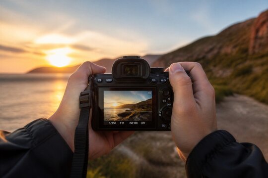 Photographer holding camera capturing sunset over coastal landscape