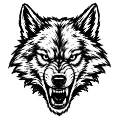 Fototapeta premium Highly detailed engraving illustration of an aggressive wolf head, perfect for wildlife artwork, tattoo designs, mascots, outdoor brands, and hunting themes.