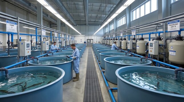 Industrial aquaculture facility with rows of large tanks and workers tending to fish.