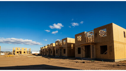 Fototapeta premium Row of newly framed wooden houses on a construction site, representing urban development, real estate growth, and new home building.