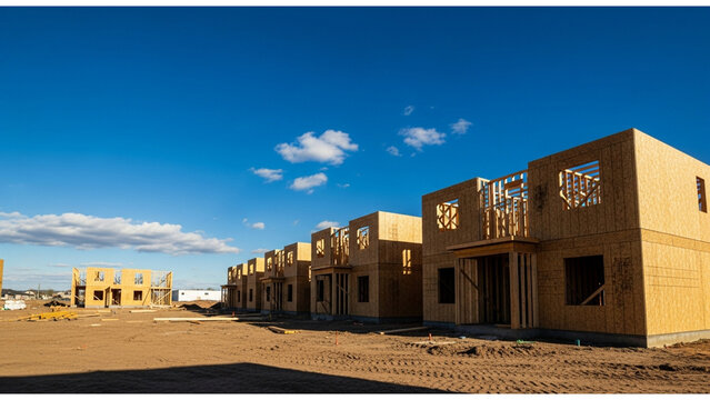 Row of newly framed wooden houses on a construction site, representing urban development, real estate growth, and new home building.