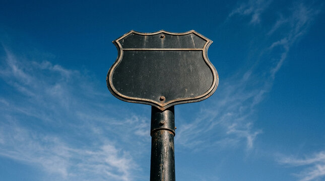 Blank vintage dark metal shield-shaped road sign against a vibrant blue sky with soft clouds, providing copy space for custom text, symbolizing journey, direction, or choice.
