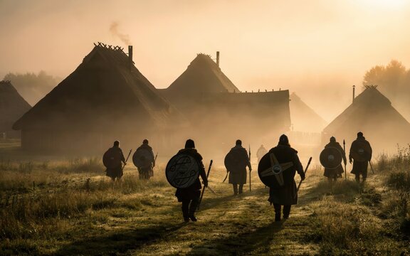 Group of viking warriors walking towards a misty medieval village at sunrise
