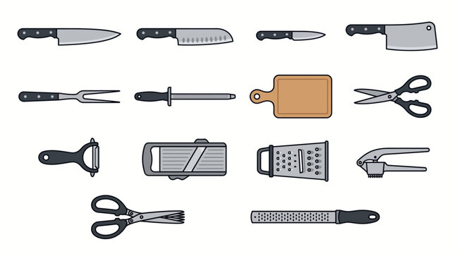 Kitchen Preparation Tools Icon Set including Knives Board and Graters on White Background