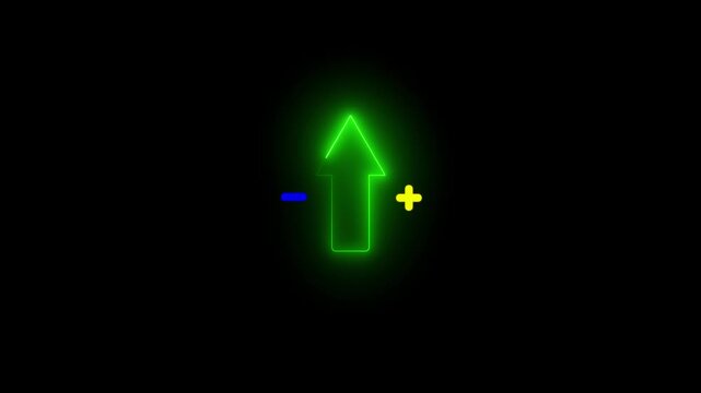 Neon glowing line Up direction animated arrow on black background .Animation of sweep arrow icon, upward and transparent swipe up pointing arrow icon.