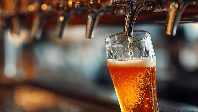 Fresh amber beer pouring into a pint glass from a chrome tap in a dimly lit bar, creating a foamy head