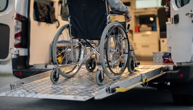 Focused capture of a wheelchair smoothly rolling onto an ambulance lift platform with the vehicle interior softly blurred to emphasize accessibility features.