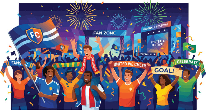People celebrating sports event with flags and cheering in fan zone
