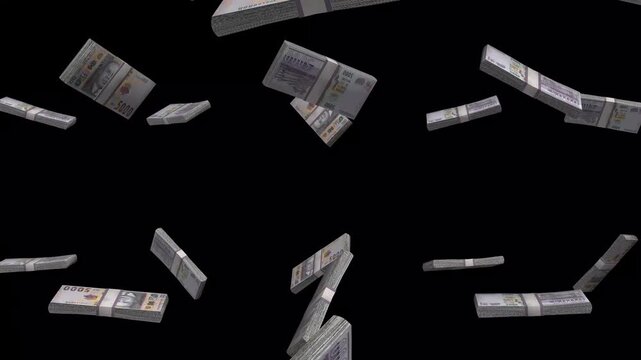 Malawi Money, Malawian Kwacha Banknotes Falling On Black Background, MWK Currency Stacks Dark Cinematic, 4K