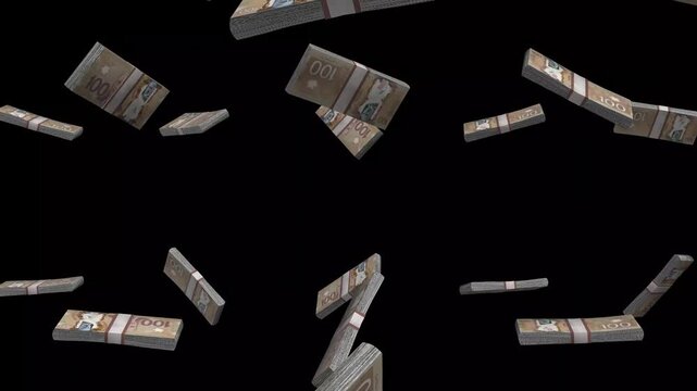Canada Money, Canadian Dollar Banknotes Falling On Black Background, CAD Polymer Currency Stacks Dark Cinematic, 4K