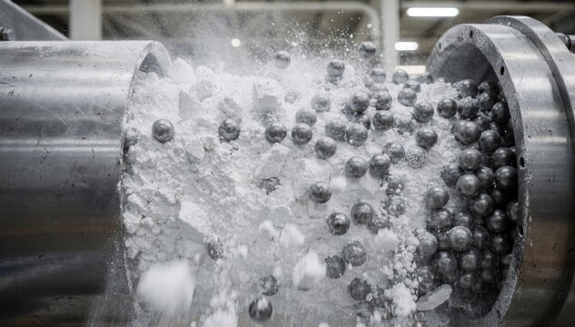 Closeup view of a highenergy ball mill crushing titanium dioxide pigments into uniform fine powders highlighting the intense mechanical grinding process in an industrial setting.