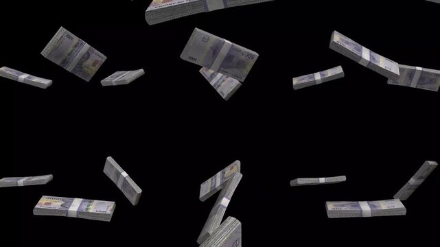 Angola Money, Angolan Kwanza Banknotes Falling On Black Background, AOA Polymer Currency Stacks Dark Cinematic, 4K