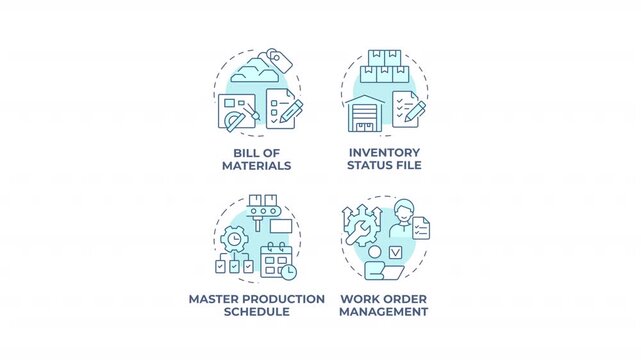 Resource planning frameworks blue concept icons animation set. Agile operations management. Workflow optimization. Cyan circular animated abstract ideas. HD video collection with alpha channel