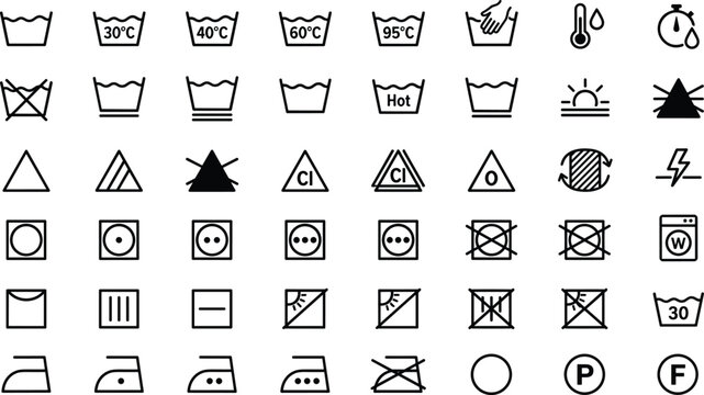 Laundry care symbols and washing instruction outline line icon vector set for clothing labels garment fabric cleaning instructions isolated on white background