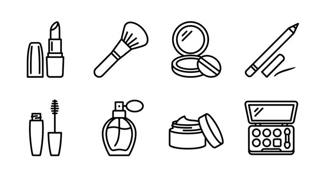 Collection of cosmetic items and beauty products for makeup application and personal care