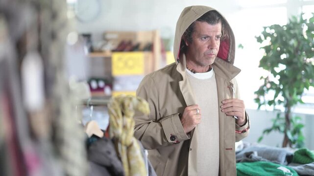 Interested man standing in modern clothing shop and trying new beige raincoat for cold season 