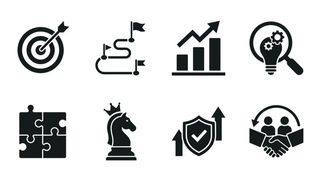 Comprehensive collection of business strategy icons representing goals, growth, teamwork, innovation, and successful problem-solving for enterprise achievement