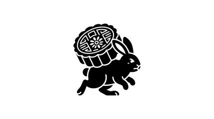 A black silhouette illustration of a rabbit carrying a traditional Chinese mooncake. © inakaya