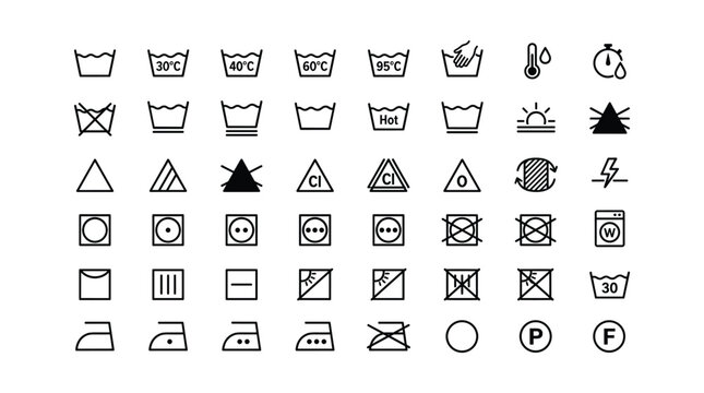 Laundry care symbols and washing instruction outline line icon vector set for clothing labels garment fabric cleaning instructions isolated on white background 