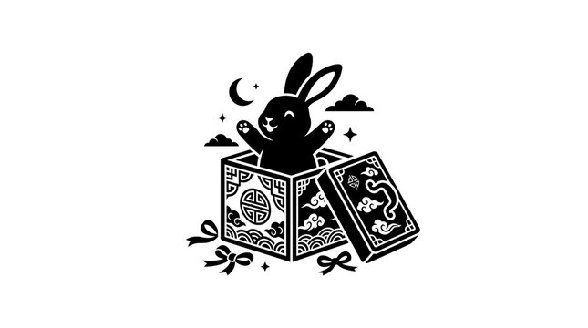 A stylized black and white illustration of a cute rabbit popping out of a decorative gift box.
