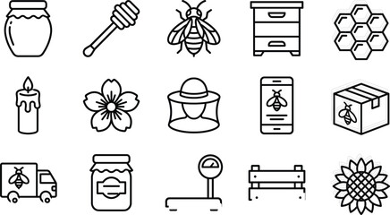 Beekeeping and Honey Production Line Icon Set Featuring Bees, Hive, Honey Jar, Pollination, Delivery, Packaging, and Organic Farm Symbols © Tanjuma
