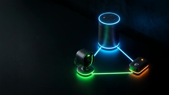 Smart home hub with security camera and sensor connected by glowing light lines. Home automation system with wireless electronics equipment on dark background.