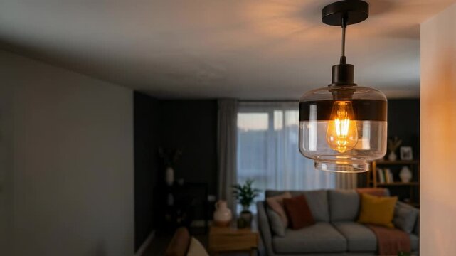 Modern glass pendant light illuminating cozy living room. Electric ceiling lamp glowing in interior. Decorative home lighting fixture for residential decor concept.
