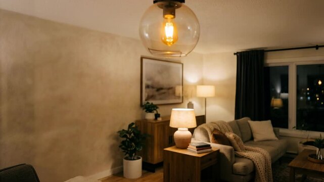 Modern ceiling lamp glowing in cozy living room interior. Household lighting fixture illuminating furnished apartment at night. Home electronics and decor lifestyle.